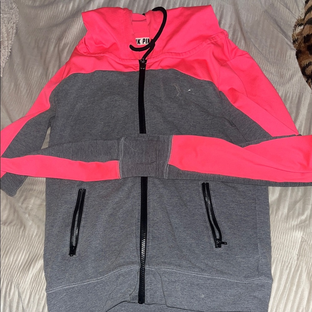 PINK Victoria's Secret Gray and Neon Pink Zip-Up Hoodie